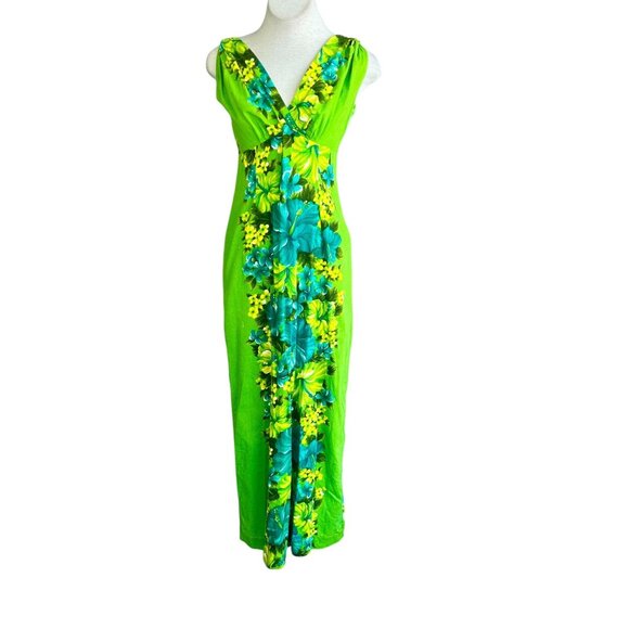 Hawaiian Togs Vintage Green Floral Barkcloth V Neck Draped Back Tiki Maxi Dress - Picture 14 of 14